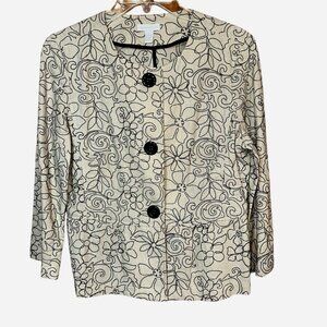 Charter Club Boho Floral Peplum Jacket Sz S Cream Black Linen Blend Quiet Luxury